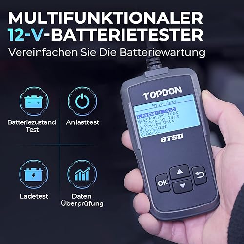 TOPDON BT50 Testeur de batterie, 12V testeur de batterie de voiture 100-2000 CCA vérification de la santé de la batterie test de démarrage charge, analyseur d'alternateur de batterie de test, noir - Poukt