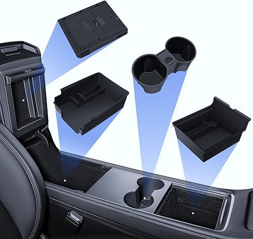 LANTU Lot de 4 accessoires pour Tesla Model Y 2025 Juniper - Organiseur de console centrale - Boîte de rangement pour accoudoir - Boîte cachée et porte-gobelet (flocage) - Poukt