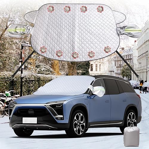 Couverture Pare-Brise Voiture, Bâche Pare-Brise Avant Voiture, Anti Givre Neige Glace Soleil Poussière, Protection Voiture Hiver Été, 165 x 126 cm, Argent avec Protège-Oreilles, Épaissie, Pliable - Poukt