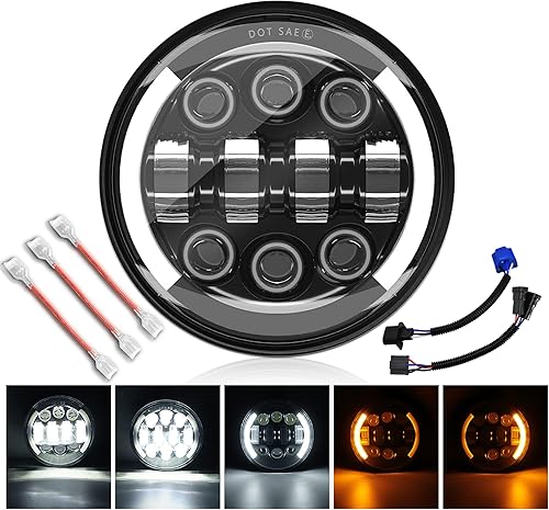 MONDEVIEW Optique Moto Full LED Chromé Phare Rond de 5 3/4' Phare LED Cree 55W 20000LM 6000K+4300K Feux de Route Croisement Lenticulaire 9-30V HI LO Beam DRL Scooter Avec Câble H4-H13 - Poukt