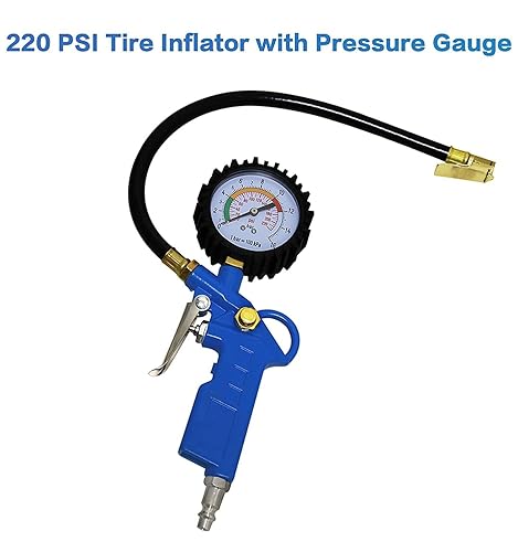 OKSTENCK Auto Tire Inflator with Pressure Gauge 220 PSI Dial Wheel Inflator Gage Compressor Accessories Heavy Duty with Rubber Hose and Quick Connect Plug for RV Car Motorcycle for Men - Poukt