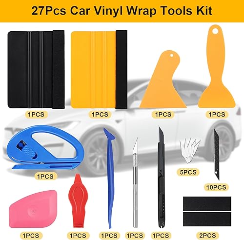 Sheryl&Rain 27 Pièces Kit Covering Outils de Film Teinté Voiture, Kit de Films Adhésifs pour Vitre Teintée Voiture, avec Raclette en Feutre, Coupeur de Films, Grattoirs, Polaire de Remplacement - Poukt