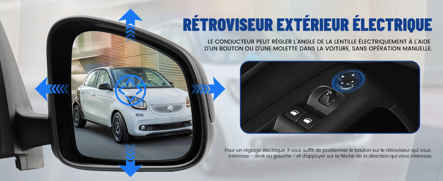 Le texte indique « RETROVISEUR EXTERIEUR ELECTRONIQUE ». Schéma montrant un rétroviseur extérieur de voiture avec des flèches directionnelles bleues indiquant les capacités de réglage électronique.
