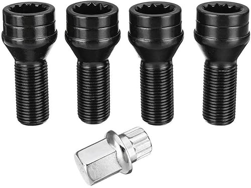 Goujon De Roue,Ecrou Antivol Lot de 4 boulons de verrouillage de roue M14 x 1,25 M12 x 1,5 en acier noir, écrou de boulon de roue, clé 36136776076, convient Utilisation adaptée pour BMW MINI R50 2/4/5 - Poukt