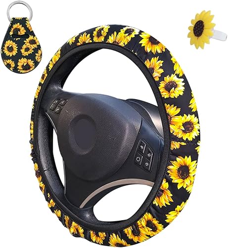 Afunta Housse de volant à motif tournesol mignonne et universelle avec porte-clé et désodorisant - accessoires de voiture, pour femme - Poukt