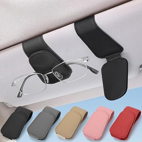 Porte Lunettes pour Voiture,Support Lunettes pour Voiture,Universelle Porte Lunette Voiture,Porte-Lunettes de Voiture,Cintre de Lunettes en Cuir et Clip,Clip de Support de Lunettes de Soleil-Noir - Poukt