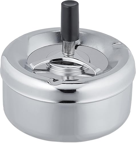 Relaxdays Cendrier avec Couvercle Poussoir, en métal, Coupe-Vent, HD 10,5x11,5 cm, pour l'extérieur & intérieur, argenté - Poukt