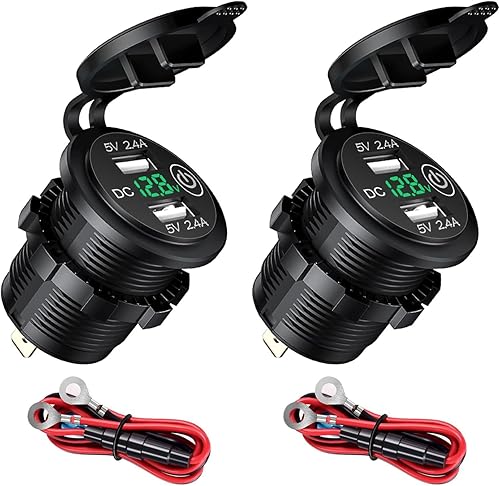 Hoembpn Lot de 2 chargeurs de voiture double USB avec interrupteur, étanches 12 V/24 V 2,4 A et 2,4 A prise USB avec voltmètre numérique LED pour voiture, bateau, camping-car, moto, camion (vert) - Poukt