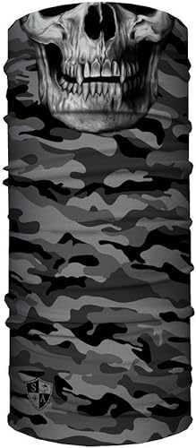 SA Fishing Cache-nez/cache-col/bandana/foulard/masque polyvalent, plus de 40 motifs disponibles, en tissu avec indice de protection UV 40, Grey Military Camo Skull - Poukt