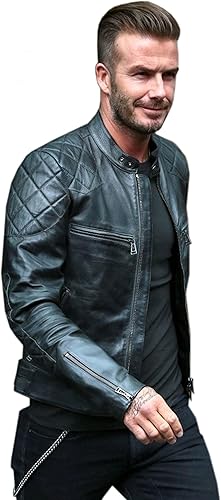 Aksah Fashion S David Beckham Café Racer Veste de moto matelassée en cuir noir pour homme - Poukt