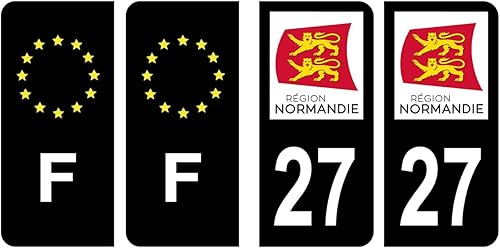 HADEXIA Lot 4 Autocollants Plaque immatriculation département 27 Eure Région Normandie Noir Couleur & F France Europe - Poukt