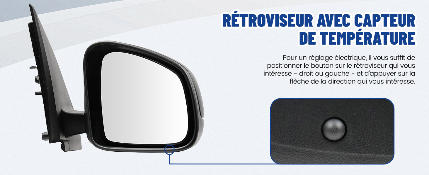 Le texte indique « RÉTROVISEUR AVEC CAPTEUR DE TEMPÉRATURE ». Les images du produit montrent un rétroviseur extérieur de voiture avec capteur de température, avec des instructions d'installation en français et des vues sous plusieurs angles.
