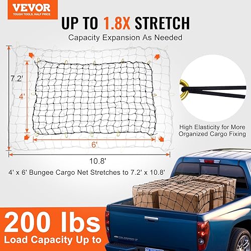 VEVOR Filet Chargement Élastique Extensible Robuste, 183x122 cm, avec 12 Mousquetons, Résistant à l'usure et Intempéries, Convient pour Organiser Les Cargaisons, Pick-up, Camion, Jeep, SUV, Remorque - Poukt