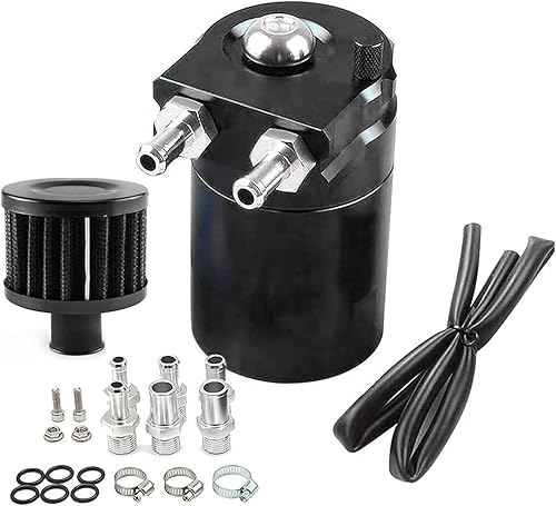Aluminium Voiture Réservoir, 300ml Oil Catch Can Auto, Universel Séparateur Bidon Huile Voiture Air Filtre, avec Tuyau,2 Ports, Vis et Accessoires(Noir) - Poukt