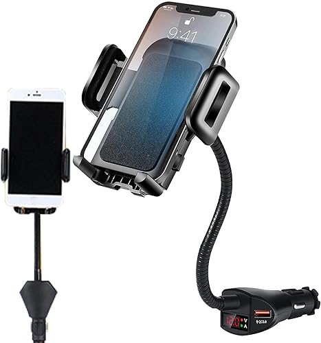 Support de téléphone portable pour voiture - Prise allume-cigare, affichage numérique QC, support de téléphone portable 3 en 1 avec deux ports USB, fonction de charge rapide 18 W, rotation à 360 - Poukt