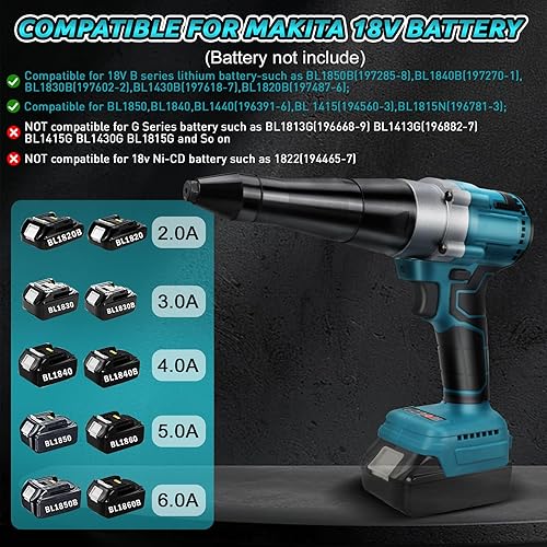 Riveteuse sans fil compatible avec Makita 18V batterie, Pistolet à riveter professionnelle sans balais avec lumière LED, 20 rivets, clé et 3 adaptateurs, pour métal, plastique et cuir (sans batterie) - Poukt