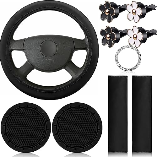 Lot de 10 accessoires de voiture rose, 1 housse de volant pour accessoires de voiture 37 à 38 cm, 2 coussinets d'épaule pour ceinture de sécurité, 2 dessous de verre, 1 autocollant pour bouton de - Poukt