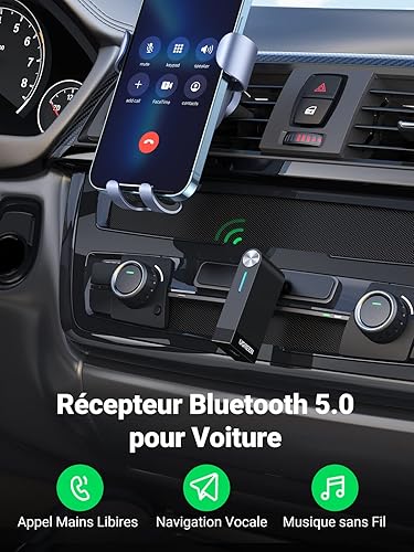 UGREEN Récepteur Bluetooth 5.0 Voiture Adaptateur Aux 3.5mm Jack Kit Mains Libres avec Mic Intégré pour Streaming Maison Auto Haut Parleur - Poukt
