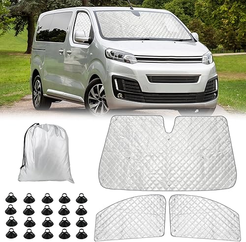 3 Pièces Tapis Thermique Voiture Remplacement pour Citroen Jumpy 2016-2024, Remplacement pour Opel Vivaro 2019-2024, Protection Solaire Pare-Brise, Ensemble de Pare-Soleil Pliable, Doublure Noire - Poukt