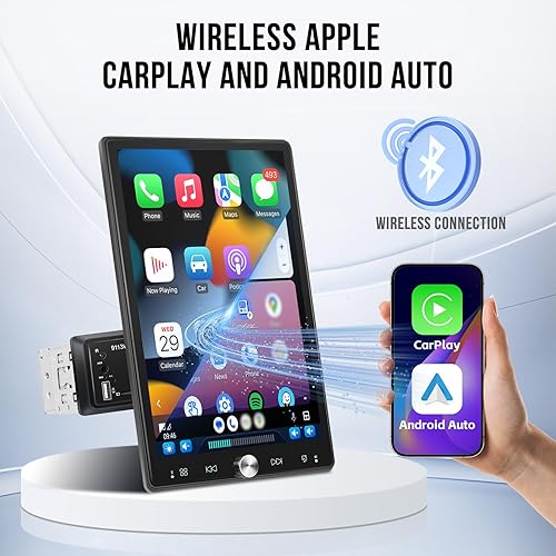 Inefala Autoradio 1 DIN avec écran Rotatif 10,4 Pouces et Carplay sans Fil et Android Auto, Touchscreen Poste Radio Voiture Bluetooth 1 DIN avec RDS/FM Mirror Link USB AUX-in Caméra de Recul MIC - Poukt