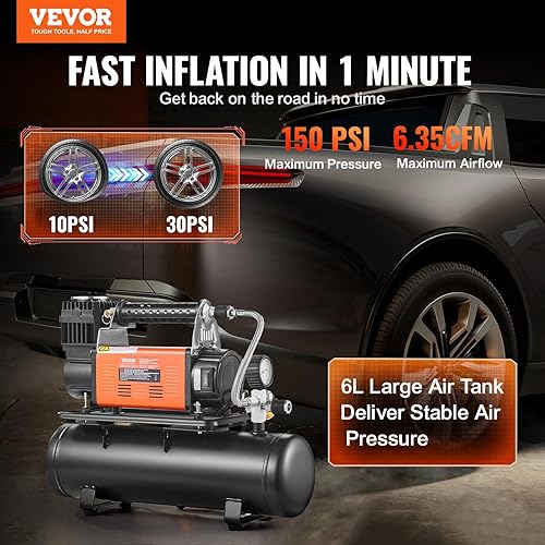 VEVOR Compresseur d'air robuste 12 V, gonfleur de pneus portable 180 L/min, kit de gonflage de pneus réservoir 6 L, 10,3 bar, avec manomètre numérique, pour camions, voitures, SUV, 4 x 4, camping-car - Poukt