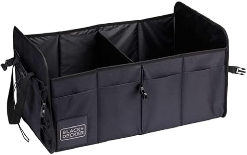 BLACK+DECKER Rangement Coffre de Voiture - Coffre Attelage 59 x 36 x 30 cm - avec 2 Compartiments - Organisateur de Voiture Pliable avec Poignées - Noir - Poukt