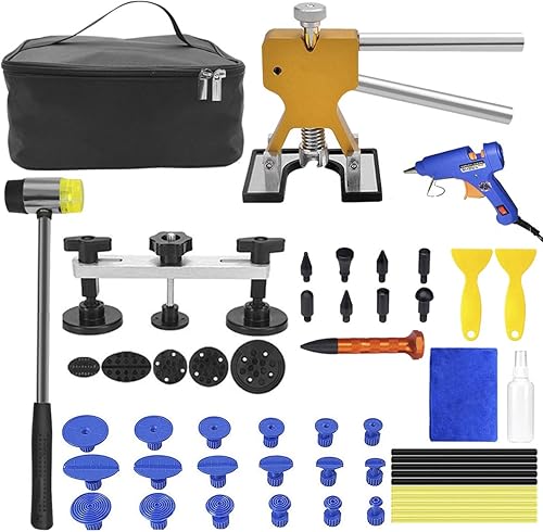 MENQANG Outil Débosselage sans Peinture,41PCS Kit Débosselage Carrosserie avec Pistolet à Colle Marteau, Stylo de réparation pour Voiture,Réfrigérateur,Moto Corps,Porte (Golden+Bridge) - Poukt