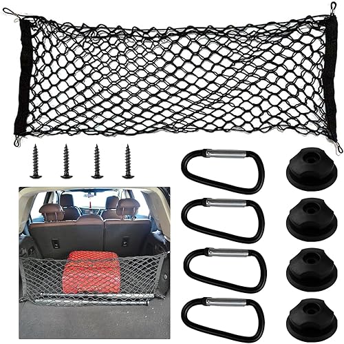 Doafoce Filet Rangement pour Voiture Filet Coffre Voiture 130×45 cm avec 4 Crochets Solides vis de Montage Mousquetons Bord élastique Maintient Les Charges Plus Fermement - Poukt
