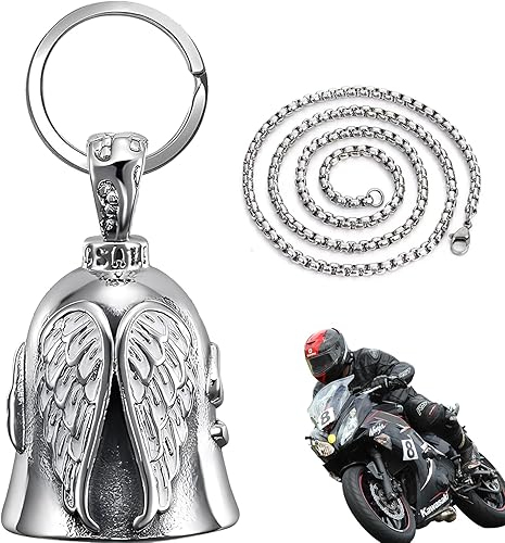 Guardian Bell, Angel Clochette Moto, Acier Titane Guardian Bell, Clochette Moto avec Porte-clés et Chaîne, Guardian Bell pour Moto et Vélos Accessoire, Porte-bonheur - Poukt