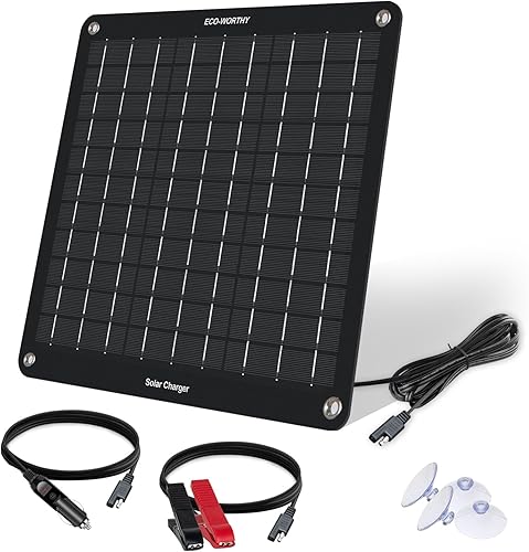 ECO-WORTHY 10W 12V Panneau Solaire Portable Kit Trickle Charge pour le Bateau, la Voiture avec Adaptateur de Pince en Crocodile - Poukt