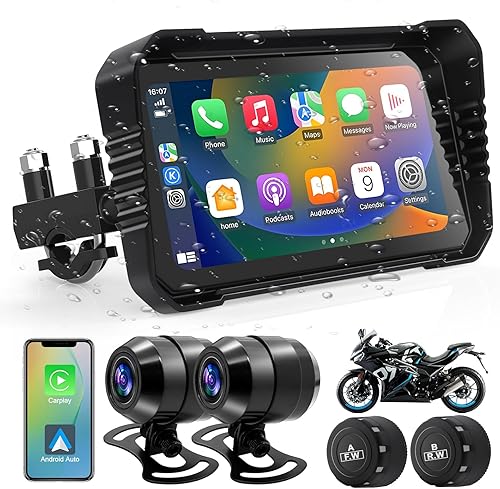Liwogi Carplay Caméra embarquée de moto avec caméra embarquée 1080p, navigation GPS, étanche de 6,25 pouces, enregistrement en boucle, moniteur de pression des pneus, détection de point aveugle pour - Poukt