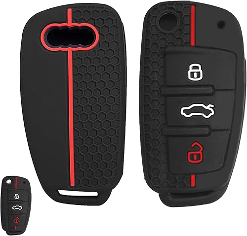 Huybaa Coque de Protection en Silicone pour Clé Audi - Étui Noir à 3 Boutons Compatible avec Audi A1, A3, A4, A6, Q3, Q5 (Noir avec Ligne Rouge) - Poukt