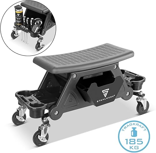 STAHLWERK WRS-185 Tabouret d'atelier avec capacité de charge de 185 kg - Siège d'atelier à roulettes avec tiroir, compartiments de rangement, roulettes pivotantes et support de boîte - Poukt