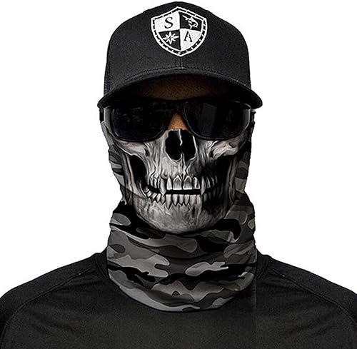 SA Fishing Cache-nez/cache-col/bandana/foulard/masque polyvalent, plus de 40 motifs disponibles, en tissu avec indice de protection UV 40, Grey Military Camo Skull - Poukt