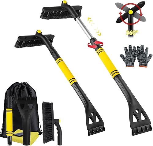 HZMJDHZM 3 en 1 Grattoir à Glace et Brosse à Neige, Balais à Neige Gratte Glace Voiture Détachable Rétractable, Brosse à Neige Rotative à 360° avec Poignée en Mousse, pour Voitures Camions (Jaune) - Poukt