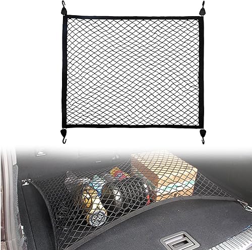 Filet Coffre Voiture 70x70cm Peut être étiré jusqu'à 140x140cm,Filet Voiture pour Chien,Filet de Rangement Coffre de Voiture,avec 4 Crochets Renforcement Solides,Convient à la Plupart des Voitures - Poukt