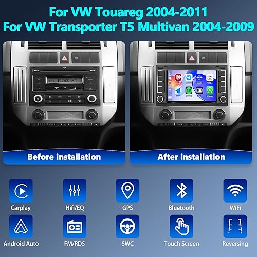 2+64G Android 13 Dab+ Autoradio pour VW Touareg 2004-2011 Transporter T5 Multivan 2004-2009 avec CarPlay Android Auto sans Fil, 7“ Écran Tactile avec GPS WiFi BT FM RDS HiFi EQ SWC + Caméra de Recul - Poukt