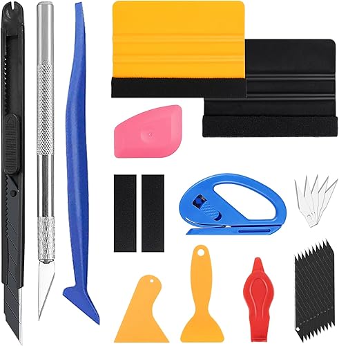 Sheryl&Rain 27 Pièces Kit Covering Outils de Film Teinté Voiture, Kit de Films Adhésifs pour Vitre Teintée Voiture, avec Raclette en Feutre, Coupeur de Films, Grattoirs, Polaire de Remplacement - Poukt