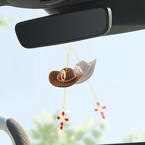 Ornements de Voiture,Chapeau de Cow-boy Croix de Cristal Pendentif Miroir de Voiture Rétroviseur Ornements Suspendu De Voiture de Voiture Accessoires Cadeaux D'anniversaire Décoration Charme Suspendu - Poukt