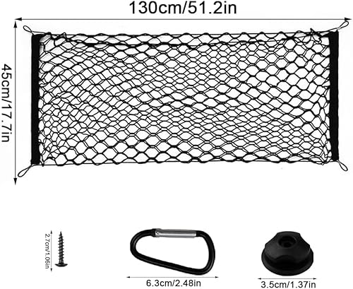 Doafoce Filet Rangement pour Voiture Filet Coffre Voiture 130×45 cm avec 4 Crochets Solides vis de Montage Mousquetons Bord élastique Maintient Les Charges Plus Fermement - Poukt