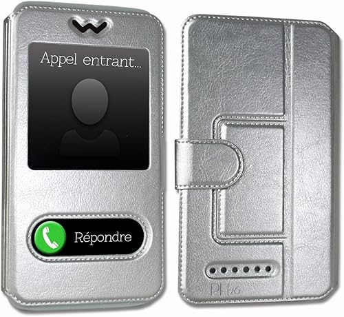 Ph26 Echo Stellar Etui Housse Folio Argent Extra Slim X 2 Fenêtres en éco Cuir de qualité avec fermuture magnétique et surpiqûres Apparentes - Poukt