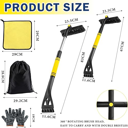 HZMJDHZM 3 en 1 Grattoir à Glace et Brosse à Neige, Balais à Neige Gratte Glace Voiture Détachable Rétractable, Brosse à Neige Rotative à 360° avec Poignée en Mousse, pour Voitures Camions (Jaune) - Poukt