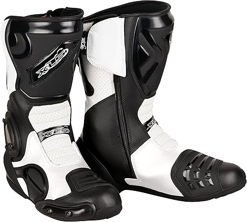 XLS Bottes de moto en cuir véritable pour homme - Imperméables - Avec protection de la cheville - Noir/blanc - Poukt