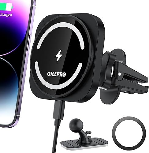 OHLPRO 15W Support Téléphone Compatible Chargeur Voiture Magsafe et iPhone 15/14/13/12 Pro Max Mini, Support Téléphone Voiture Magnétique avec Support de Tableau de Bord et Clip D'aération - Poukt