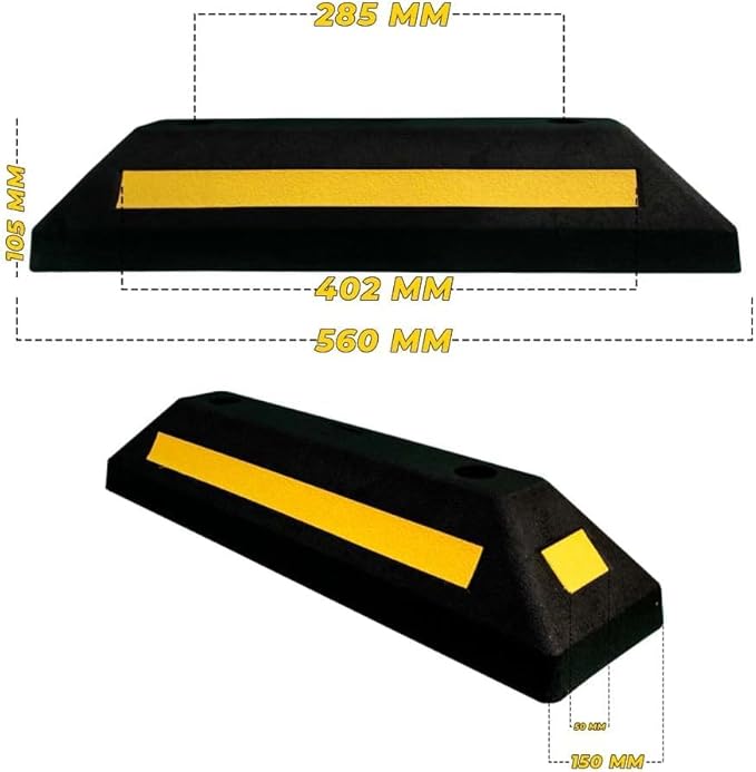 Butée de Roue 57CM Noir | Bordures de stationnement Robustes avec Bandes réfléchissantes Jaunes | Guide de stationnement Butées de Roues pour parkings commerciaux et domestiques et garages privés - Poukt