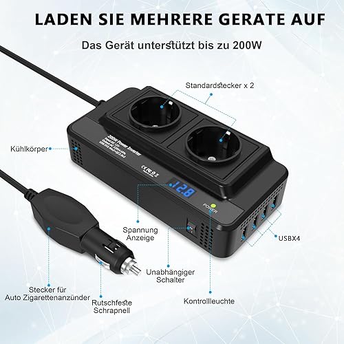 Onduleur de voiture 200 W 12 V vers 220 V, convertisseur de tension avec 2 prises et 4 ports USB, charge rapide, chargeur de voiture avec prise allume-cigare pour voiture, camping-car et camping - Poukt