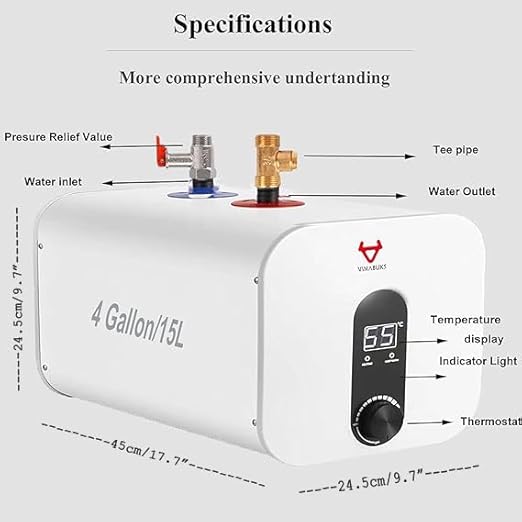 Chauffe-eau électrique VINABUKS intelligent 3,3 gallons RV Camping extérieur Point d'utilisation 15L Chauffe-eau instantané Prise de sécurité Chaudière Lavage sous évier Conception compacte (Black) - Poukt