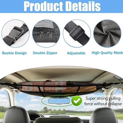 1 Pièce de Filet de Chargement à Fermeture Eclair pour Voiture, en Mesh Double Couche, Filet Porte-Sac Crochet de Voiture, Organiseur de Rangement de Filet de Chargement Elastique pour Voiture - Poukt