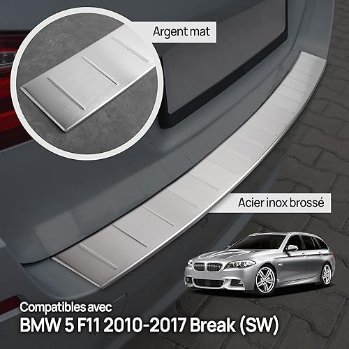 CHROMEMASTER | Protection de Pare-Chocs arrière | Compatible avec BMW 5 F11 Avant 2010-2017 | Acier INOX brossé, Argent Mat | Protection de seuil de Coffre pour protéger Votre Voiture des Rayures - Poukt
