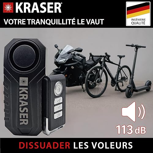KRASER KR726 Alarme Vélo Antivol, Télécommande, Détecteur Mouvement 7 Niveaux, 3 Tonalités, 113 DB, sans Fil, Étanche, Alarme Moto sans Installation, Sécurité Anti-vol Vélo Scooter Électrique Porte - Poukt